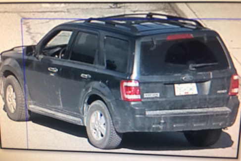 The suspect was last known to be driving this stolen black 2009 Ford Escape with a stolen B.C. plate 780GFW. (RCMP - surveillance video screen capture)