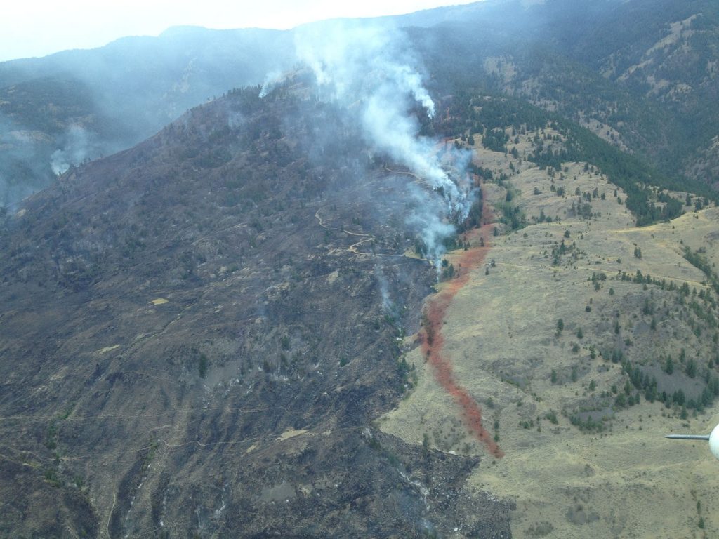 This photo taken by B.C. Wildfire Service shows the Testalinden fire from the air on Saturday. The reddish colouring on the ground is fire retardant, dropped to stop the fire from spreading, while the black area on the left was all burned. (B.C. Wildfire Service)