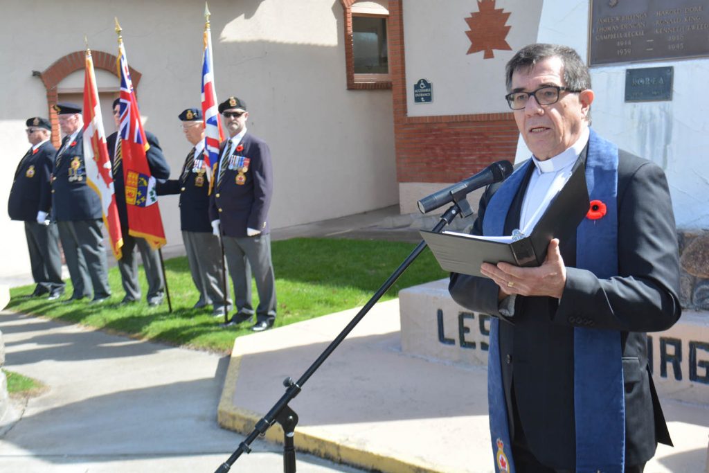Padre Steve Hershey delivers remarks at the commemoration on Sunday of the 100th anniversary of the Battle of Vimy Ridge. (Lyonel Doherty photo)