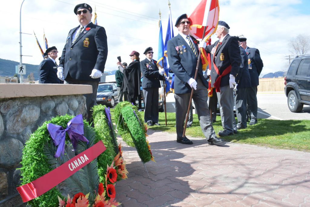 A number of people laid wreaths on behalf of governments and organizations at the Osoyoos cenotaph Sunday during the commemoration ceremony marking the 100th anniversary of the Battle of Vimy Ridge. (Lyonel Doherty photo)