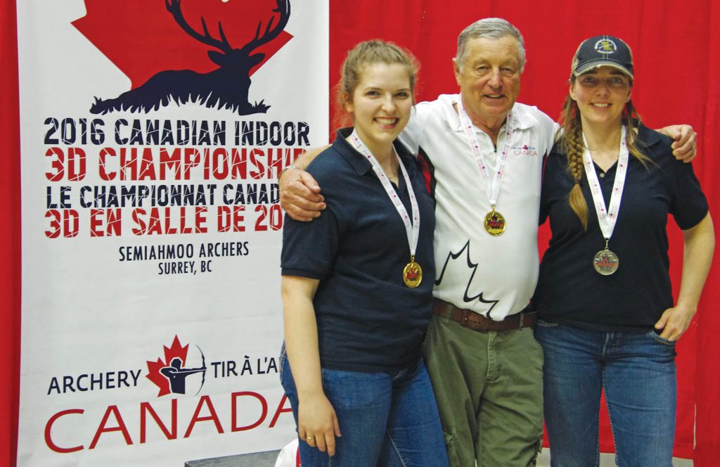 Osoyoos Traditional Archery School members Miranda Sparkes (left) and club founder Brock Paton returned with gold medals from the recent Canadian 3D Indoor Archery Championships in Cloverdale, B.C., while teammate Sarah Martin captured a silver medal. All three are planning to make Team Canada and compete in the 2017 world championships in France next year. (Photo supplied)