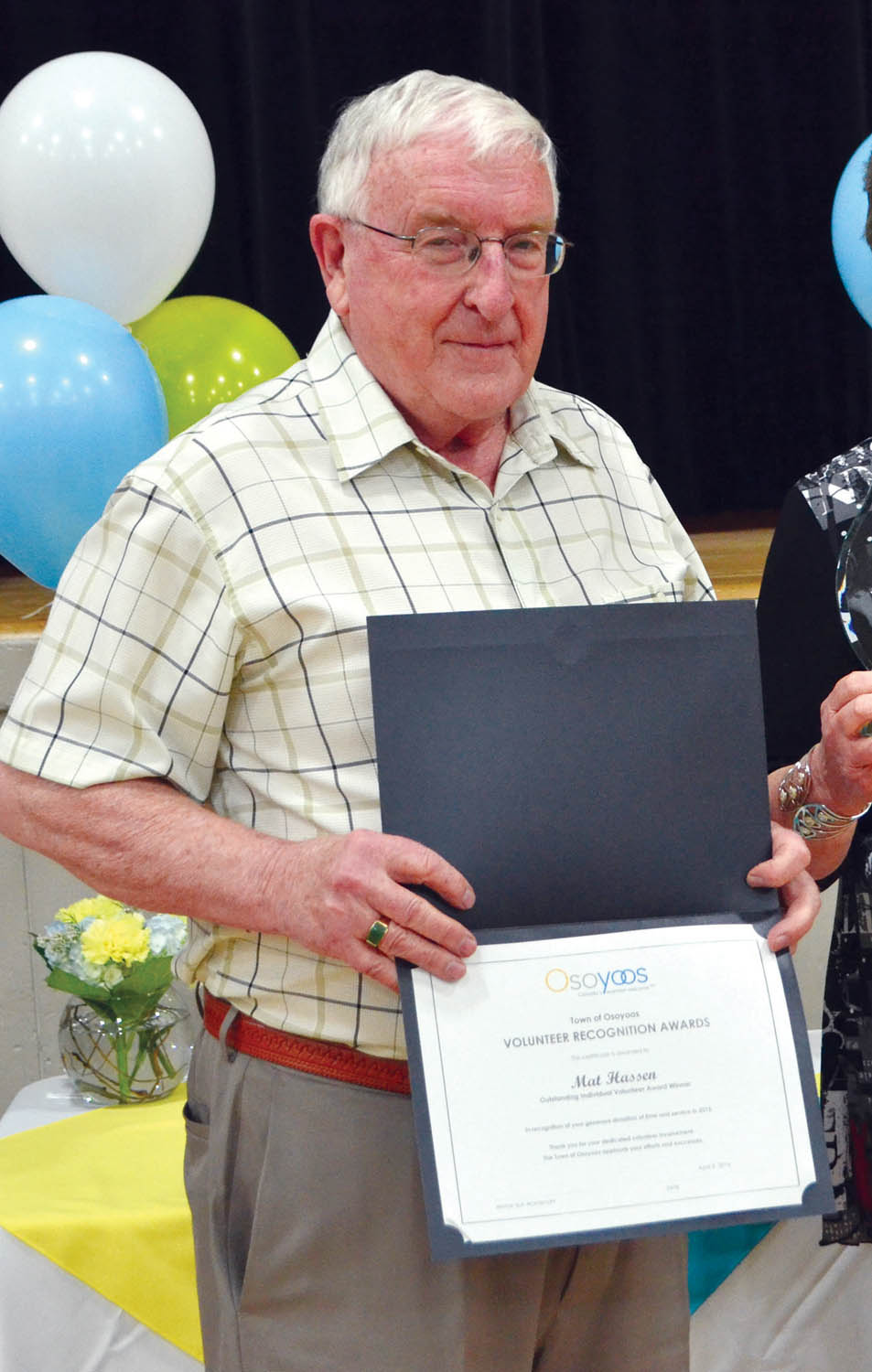 Mat Hassen accepted the award for outstanding individual volunteer at Osoyoos’ volunteer appreciation luncheon April 9. Hassen said a community’s health is determined by what its members give back to it. (Trevor Nichols photo)