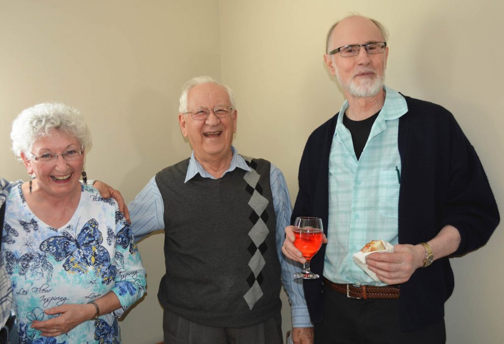 Margaret and Mike de Salaberry from Osoyoos share a laugh with retiring MP Alex Atamanenko during an open house at his constituency office in Oliver last week. Atamanenko, 70, announced last year that he would not be running for re-election in the next federal election and was planning on retiring. He is holding a series of open houses throughout his federal riding to allow constituents to say goodbye as he heads towards retirement. (Lyonel Doherty photo)