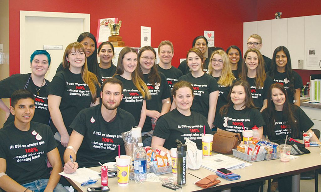 The Grade 12 class from Osoyoos Secondary School recently travelled to Kelowna to participate in a blood donor clinic organized by the Canadian Red Cross. Longtime OSS biology teacher Peter Gajda (centre back row), who has been donating blood since he was 18, accompanied the first-time donors during their memorable excursion to Kelowna. (Cailun Mocci photo)
