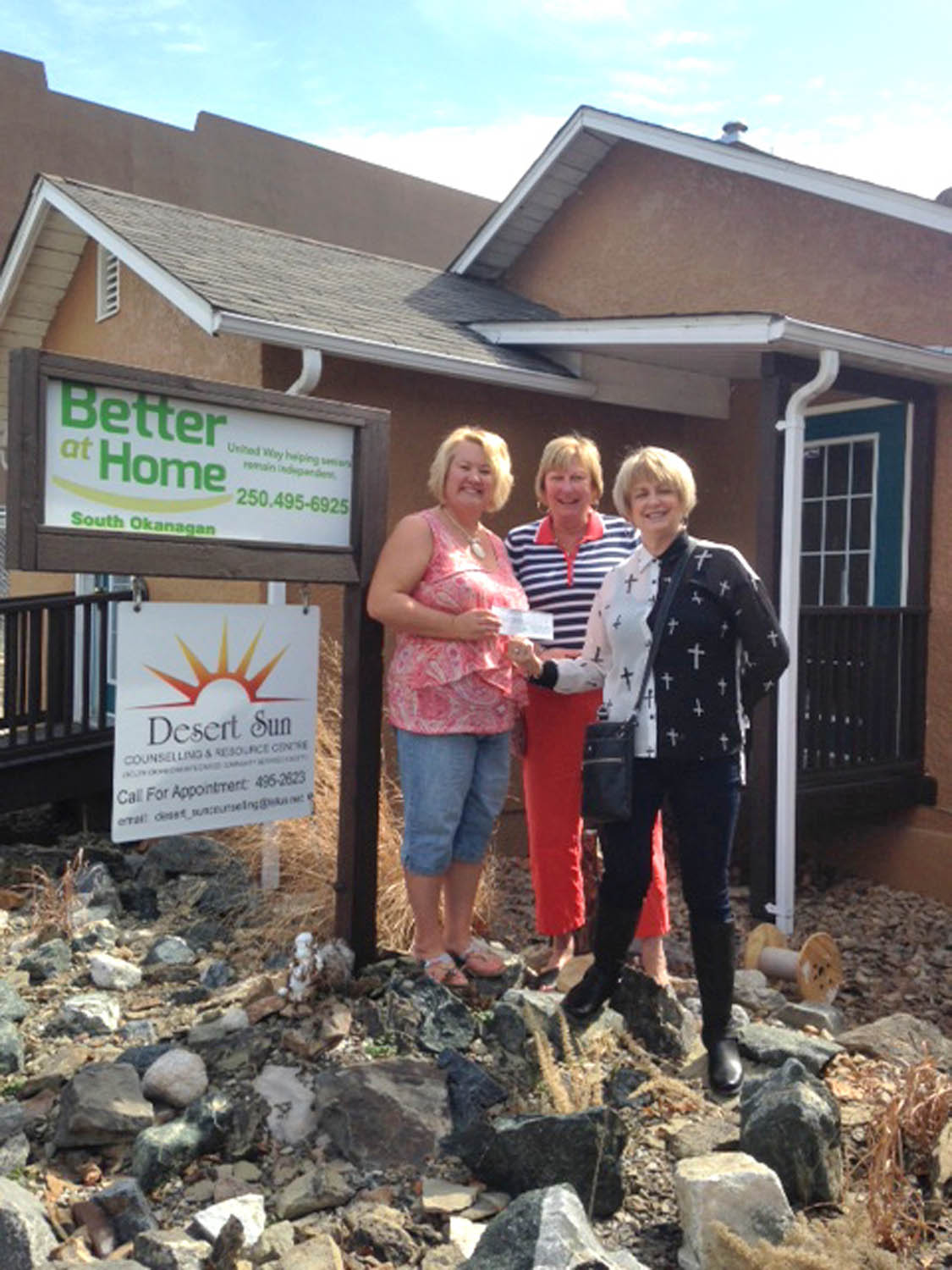 Osoyoos Soroptimists Club members Christine Yost and Bonnie Sveinson presented Osoyoos Desert Sun Resource and Counselling Centre Safe Home co-ordinator Tamara Aspell (left) with a cheque for $1,200 recently. The money was raised through the sale of tickets in the club’s annual Rocking Horse Raffle. The Soroptimist Club is a faithful supporter of the local Safe Home, which helps women and children achieve their full potential. (Photo supplied)