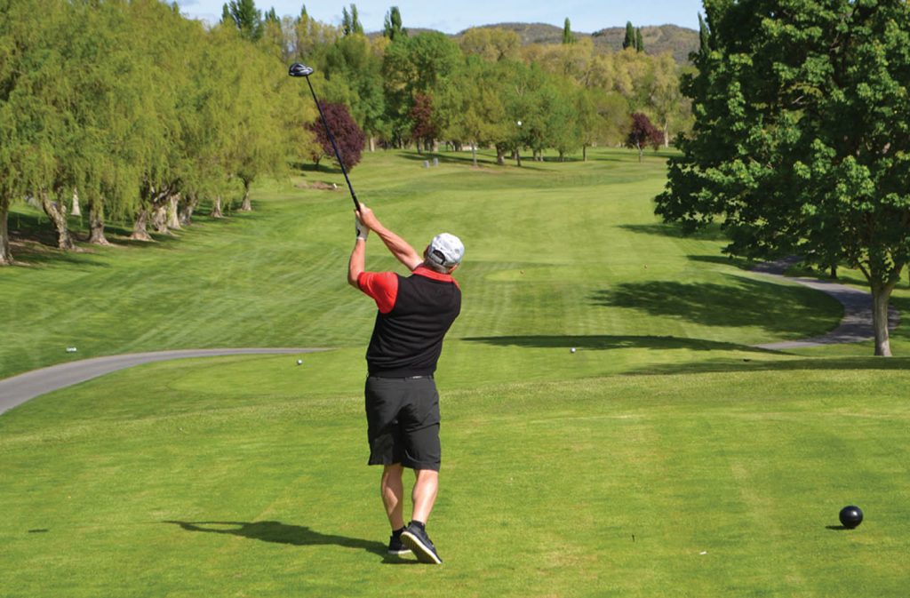 Tom Moran takes his first swing of the tournament on Saturday at the Osoyoos Golf Club’s annual Rattlesnake Open. A full field of 200 golfers participated in this year’s event. (Trevor Nichols photo)