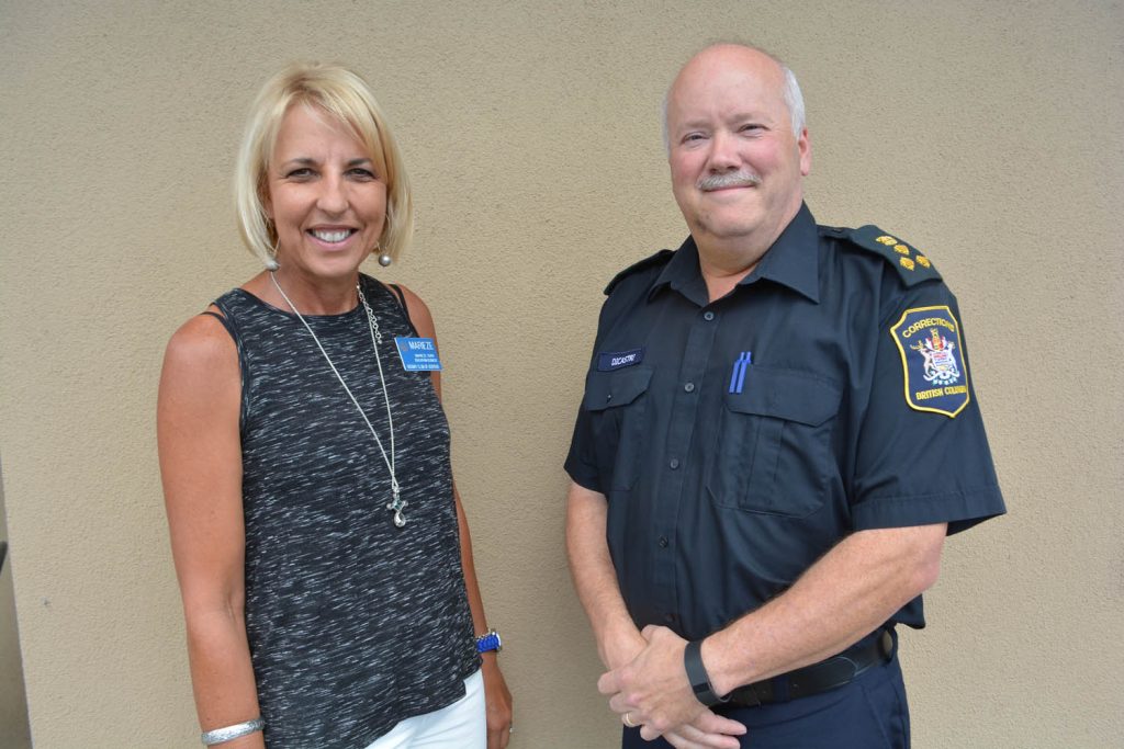 Steve DiCastri, the new warden with the Okanagan Correctional Centre that is scheduled to open near Oliver next fall, was the special guest speaker at the Osoyoos Rotary Club’s weekly luncheon meeting last Thursday in Osoyoos. DiCastri will be in charge of managing the 378-cell prison. He is shown with Rotary Club president Marieze Tarr. (Lyonel Doherty photo)