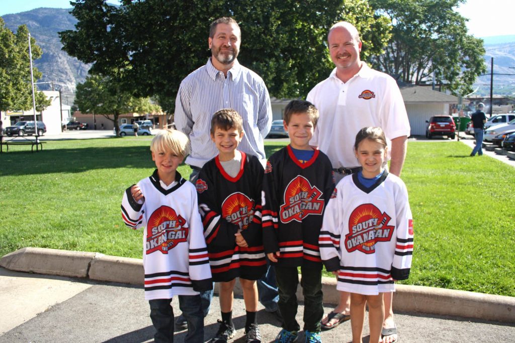 The South Okanagan Minor Hockey Association (SOMHA) has announced it will be hosting a 16-team novice tournament in Osoyoos at the end of November. The tournament has traditionally taken place in Oliver. SOMHA executive members made a presentation to Town of Osoyoos council last week asking for $2,500 to pay for the food costs to feed 320 young hockey players during the tournament banquet. Shown outside town hall after their presentation are (back row left) Gary Burton, the SOMHA’s tournament director and vice-president Jason Bartsch. Front row (left to right) are local novice players Jaxson Bartsch, Charlie Burton, Andon Maynard and Danica Maynard. (Keith Lacey photo)