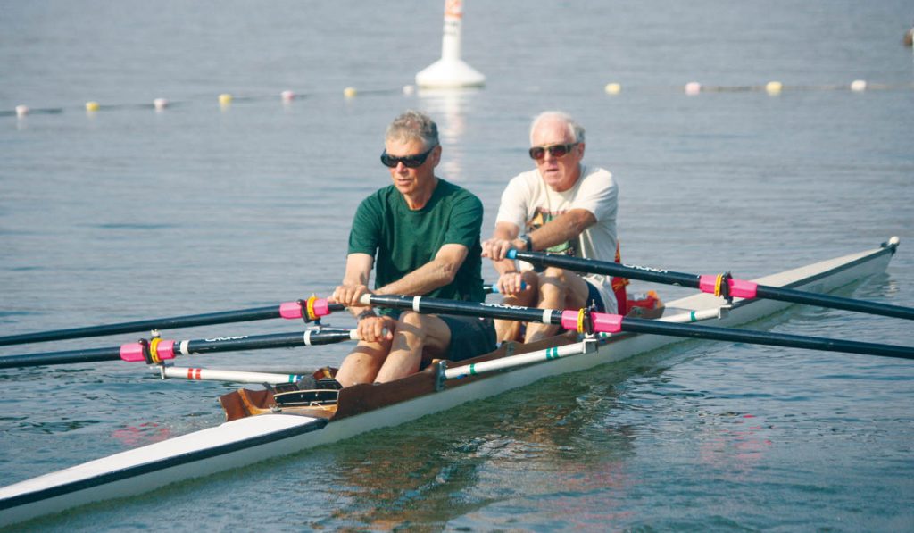 Daryl Sturdy (front) and Bob Stubbs, who has lived in Osoyoos for the past 13 years, represented Canada in the 1968 Summer Olympic Games in Mexico City in the men’s pairs rowing competition. While they have remained good friends, they had not rowed together since competing in Mexico 47 years ago until hitting the water on Osoyoos Lake last week. (Keith Lacey photo)