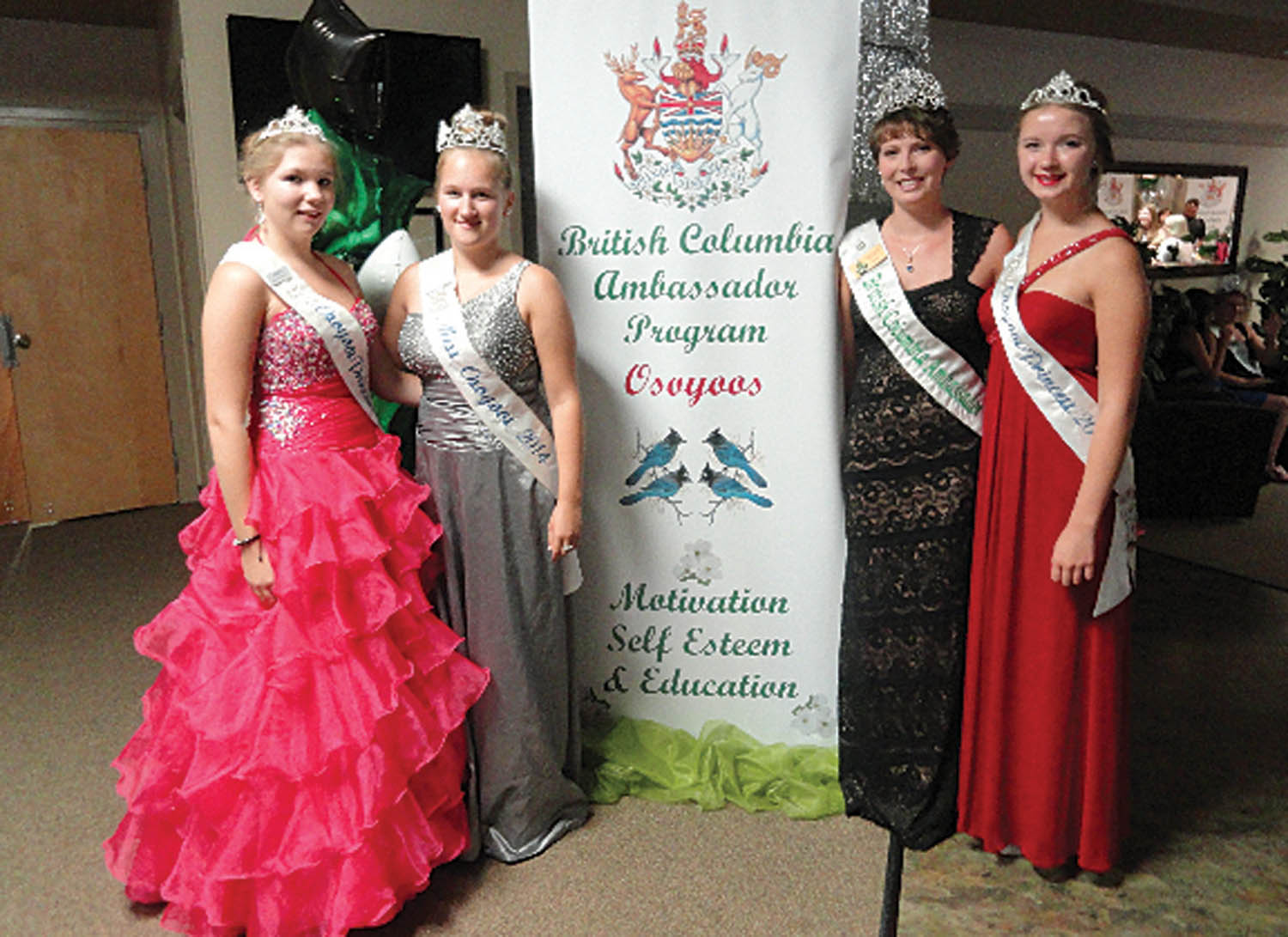 Members of the reigning Osoyoos Royalty have been kept extremely busy over the past several weeks attending various pageants and events. Princess Amara Leeson (far left), Queen Teagen Aspell (second left) and Princess Ali Hutter recently said goodbye to Osoyoos resident and B.C. Ambassador Lauren Sherwood (third from left). (Photo supplied)