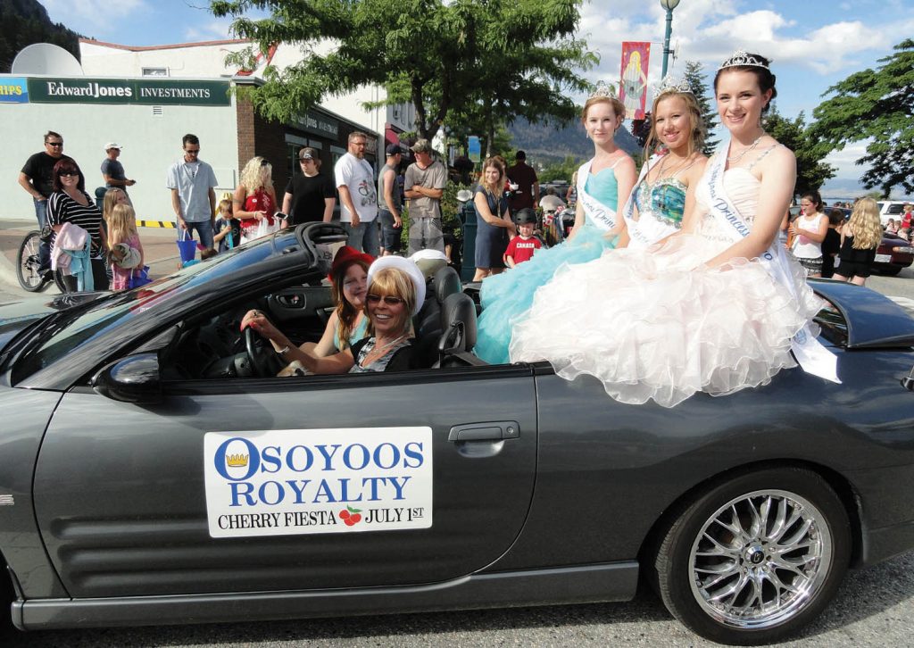 Miss Osoyoos Emmaleigh Diwell (far right) and Osoyoos Princesses Taryn Aspell (far left) and Laura Devries were kept exceptionally busy over the past month after being crowned in late June. The young ladies attended several parades, including the Cherry Fiesta parade in Osoyoos, and also travelled to attend numerous Royalty celebrations in other communities. (Contributed photo)