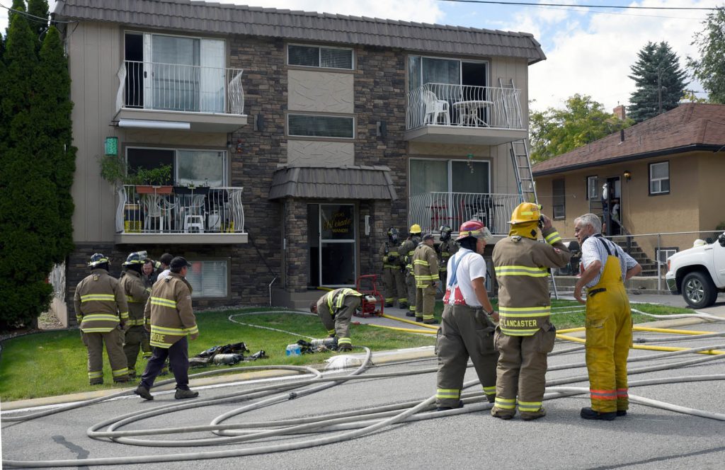 Fire broke out Wednesday afternoon in an apartment building on 89th Street in Osoyoos. The fire is believed to have started in a second floor apartment in the six-plex and no injuries have been reported. (Richard McGuire photo)