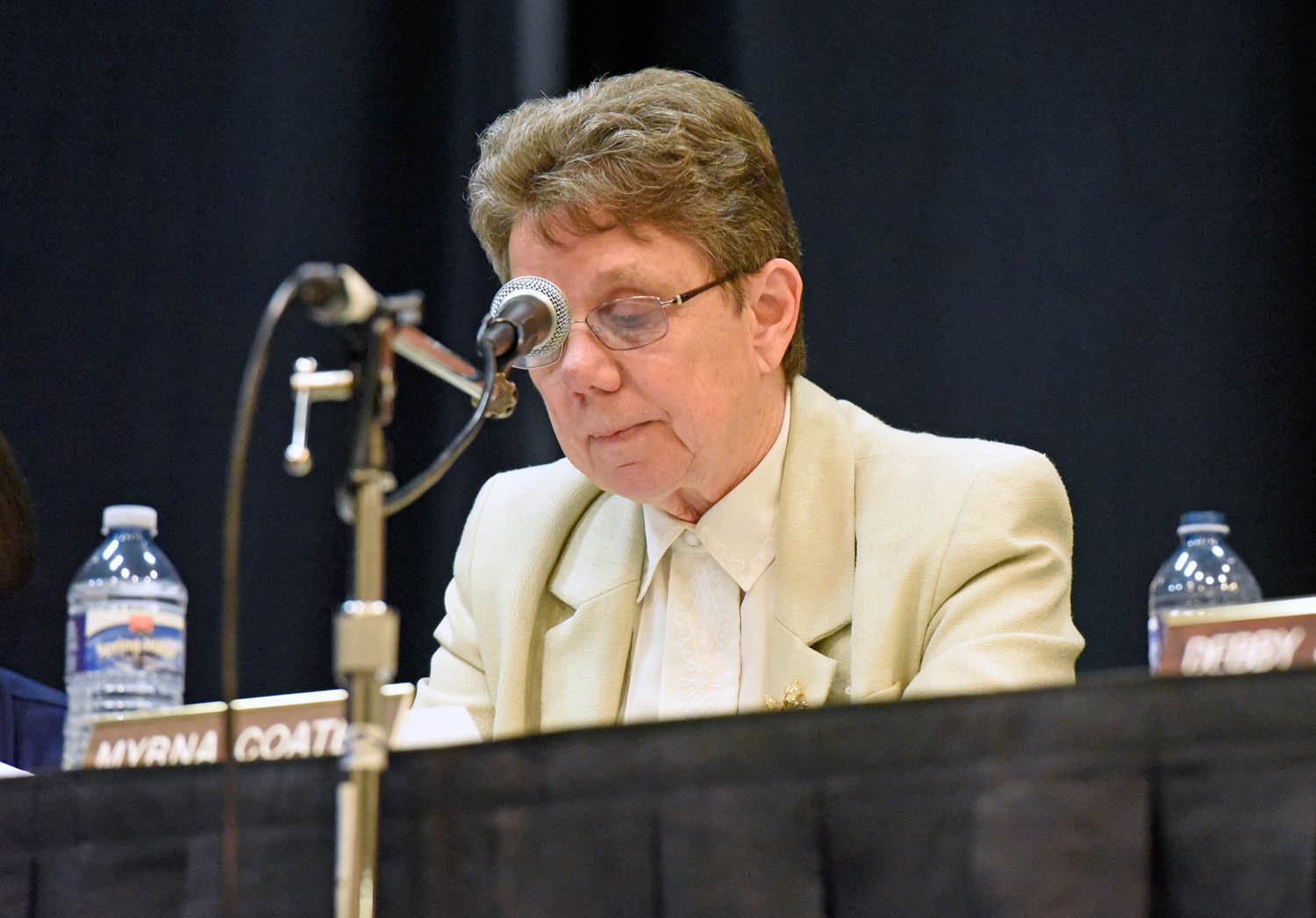 Trustee Myrna Coates, of Keremeos, tried to pass a motion to delay the school closure for a year, but when it came to vote, only Trustee June Harrington, of Osoyoos, supported it. She then voted with the two Osoyoos trustees against closure, but the remaining four MPs voted to close Osoyoos Secondary School. (Richard McGuire photo)