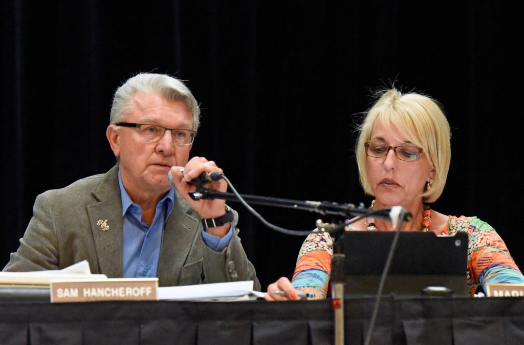Okanagan Falls Trustee Sam Hancheroff blamed provincial funding, but he argued that the school closure issue came up in 2010 and not enough was done by the community since to address the original problems, which have worsened. He voted against the motion to delay the decision for a year and for the motion to close Osoyoos Secondary School. Chair Marieze Tarr said parents didn't want the uncertainly of a delay, so she voted against it. After speaking on both sides of the issue, in the end she voted against the school closure. (Richard McGuire photo)