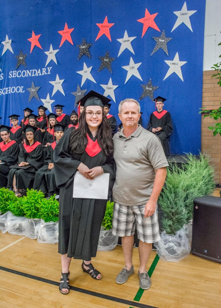 Osoyoos Times Editor Keith Lacey presents a bursary of $1,000 on behalf of the Osoyoos Times to Kate Turner, an Osoyoos Secondary School graduate. The ceremony took place June 29 in the OSS gymnasium. (Dan Walton photo)