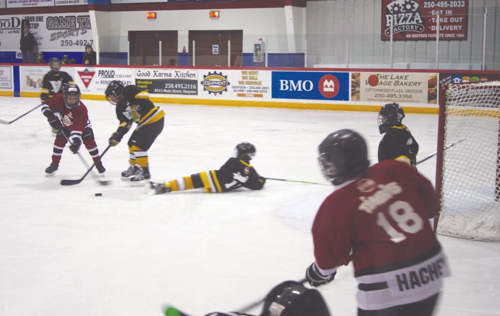 The annual South Okanagan Minor Hockey Association Novice Tournament was a huge success this past weekend as 16 teams competed in the annual tournament that took place from Friday to Sunday at the Sun Bowl Arena in Osoyoos and Oliver Arena. Three local teams competed in the tournament, including the SOMHA Red Rockets, Storm Troopers and Black Dragons. In action above, the Red Rockets played a terrific game against the Vernon Snipers on Friday afternoon at the Sun Bowl Arena. Players from all 16 teams not only enjoyed great hockey action on the ice, but they also participated in a huge tournament banquet held Saturday evening at the Greenside Grill Restaurant at the Osoyoos Golf Club. (Keith Lacey photo)