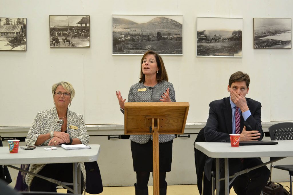 Judy Darcy (left), NDP spokesperson for health, along with Selina Robinson, spokesperson for seniors, local government and sports, and David Eby, spokesperson for housing, heard from more than 30 people at a seniors forum in Penticton last Thursday afternoon. The majority in attendance voiced their concerns about the current state of the residential care system in the province. (Trevor Nichols photo)