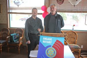 Mick Luckhurst (right), owner of Road 13 Winery near Oliver, was the special guest of the Osoyoos Rotary Club at their weekly luncheon last Thursday. Luckhurst, seen here with club president Brian Rawlings, said owning a small winery in the South Okanagan is a very challenging busines, but one he loves. (Keith Lacey photo)