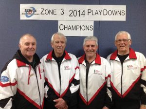 The Osoyoos International Curling Club rink skipped by Dale Abrey is currently in Salmon Arm competing at the 70-Plus Provincial Curling Championships. Abrey’s team will be playing seven games in four days and hopes to win the title on Friday. Abrey’s rink came up one game short at last year’s provincial bonspiel. Team members (from left) are Abrey, third Ron Robinson, second Larry Gabelman and lead Ferris Bromley. Bromley is on vacation in Hawaii and has been replaced by Gordon James for this week’s bonspiel. (Photo supplied)