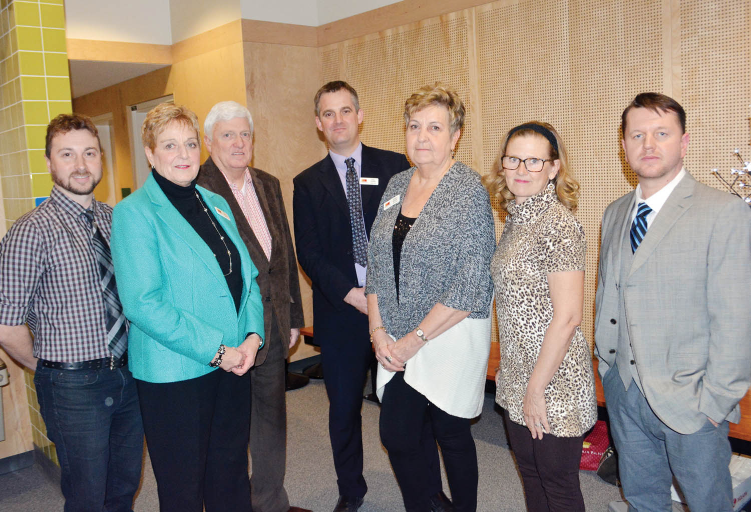 The South Okanagan Chamber of Commerce elected its new board last Friday at its annual general meeting at Frank Venables Theatre. Shown from left are Grant Storzuk, Eileen McGinn, Doug Lamb, John Powell, Linda Buhler, Corrie Adolph and president Brian Highley. Missing are Sara Amos and Carmine Maddalena. (Lyonel Doherty photo)
