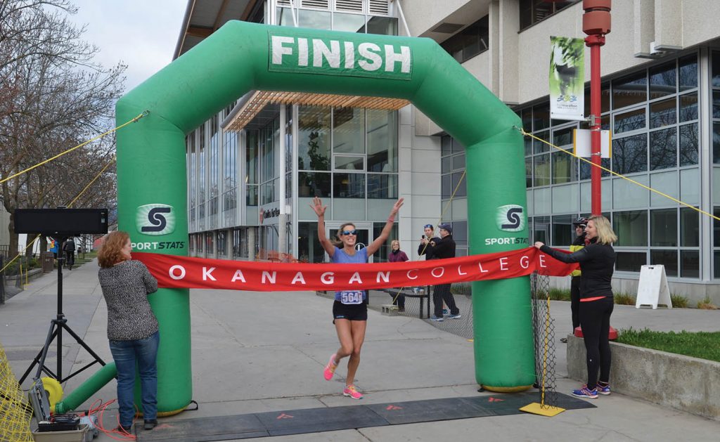 Christy Lovig of Kelowna was the 2015 winner of the 10-kilometre race held as part of the annual Okanagan College Half Marathon event. This year’s event will take place on Sunday, April 3 in Kelowna. Dozens of competitors from across the South Okanagan are once again expected to compete in the popular event. Registration is now being accepted for the event online. (Photo supplied)