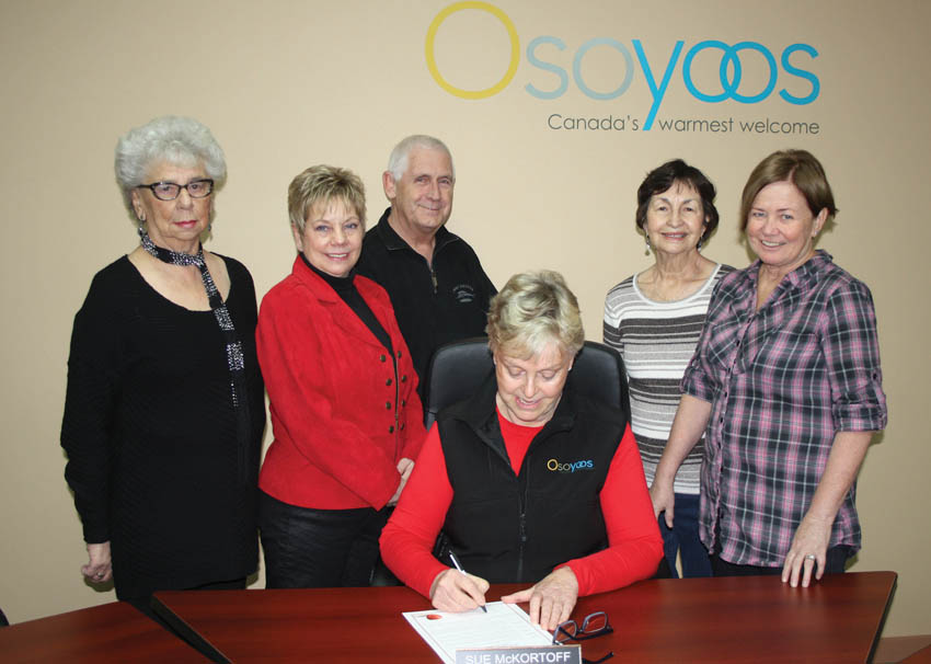 Town of Osoyoos Mayor Sue McKortoff signed an official proclamation inside council chambers last week officially declaring February as Heart and Stroke Month in our community. A group of volunteers will be involved in the annual Person-to-Person fundraising campaign in Osoyoos throughout February. Joining McKortoff for the official proclamation signing were (from left) Irene Weiss, Judy Ivers, fundraising co-ordinator Jim Parker, Asia Joiner and Roberta Lawther. KEITH LACEY