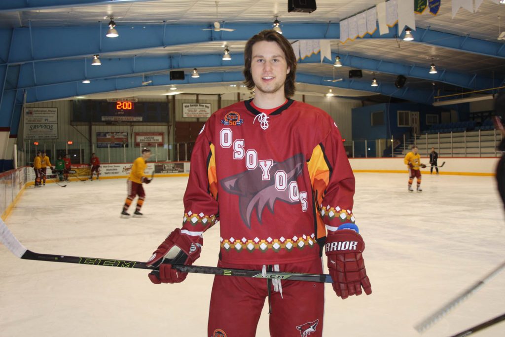 Evan Della Paolera from Osoyoos is living a dream being able to play for the Osoyoos Coyotes, the team he grew up watching and cheering for. Della Paolera and his teammates will begin their playoff quest for the KIJHL championship starting Friday night against the North Okanagan Knights. (Keith Lacey photo)