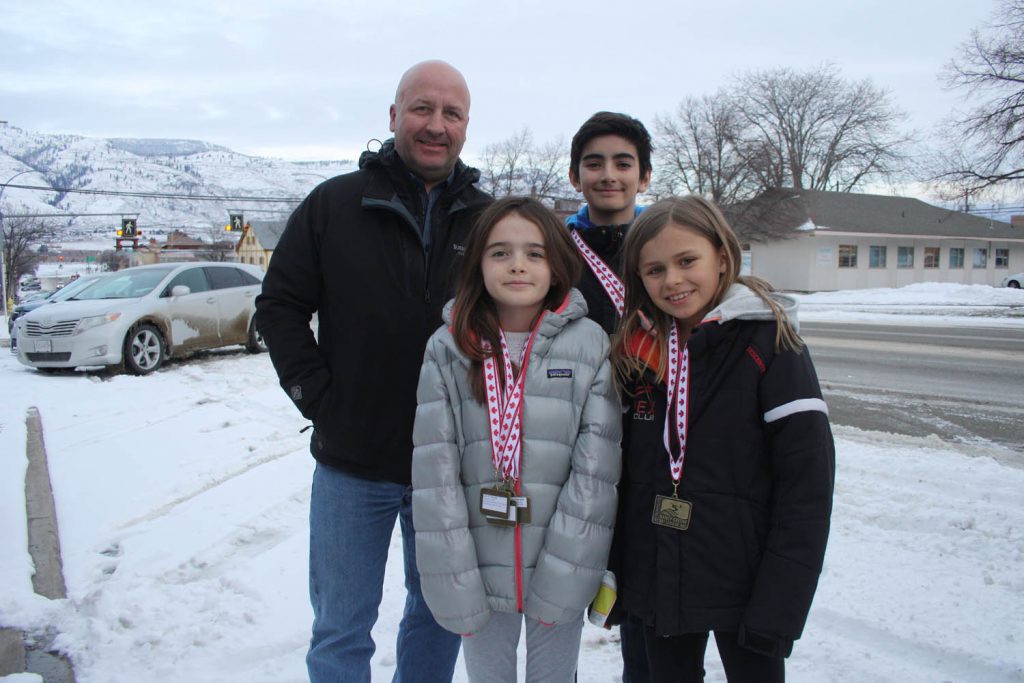 The sport of competitive ski racing is in good hands with these three Osoyoos youngsters doing well on the Nancy Greene Ski Race circuit. Ava Kosaka, 9, (front left) and her brother Achile Kosaka, 11, have both been skiing for half their lives, despite their tender age, as has Eva Wyse (front right), Eva’s dad Chris Wyse says the Nancy Greene ski race circuit is outstanding as the kids receive fantastic coaching every weekend throughout the winter race season and then get to compete in well organized, competitive events. Eva Wyse finished second in her age division at a big race at Big White in Kelowna 10 days ago, while Ava Kosaka finished seventh in the same race. All three local youngsters are gearing up to compete in the final competitive race of the season, set for early March at Apex Mountain in Penticton. All three belong to the Apex Mountain Ski Club as well. (Keith Lacey photo)