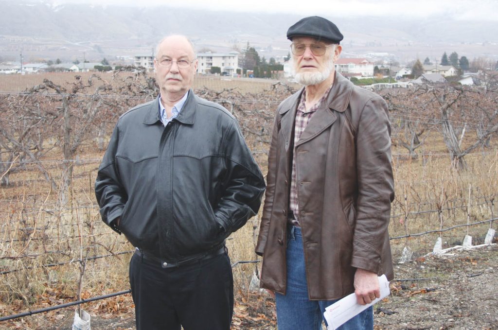 Martin Sadd (left) and Jacob de Raadt went public in February voicing their opposition to a plan by Rogers to erect a 150-foot cellphone tower near their homes just outside Osoyoos. (Keith Lacey photo)