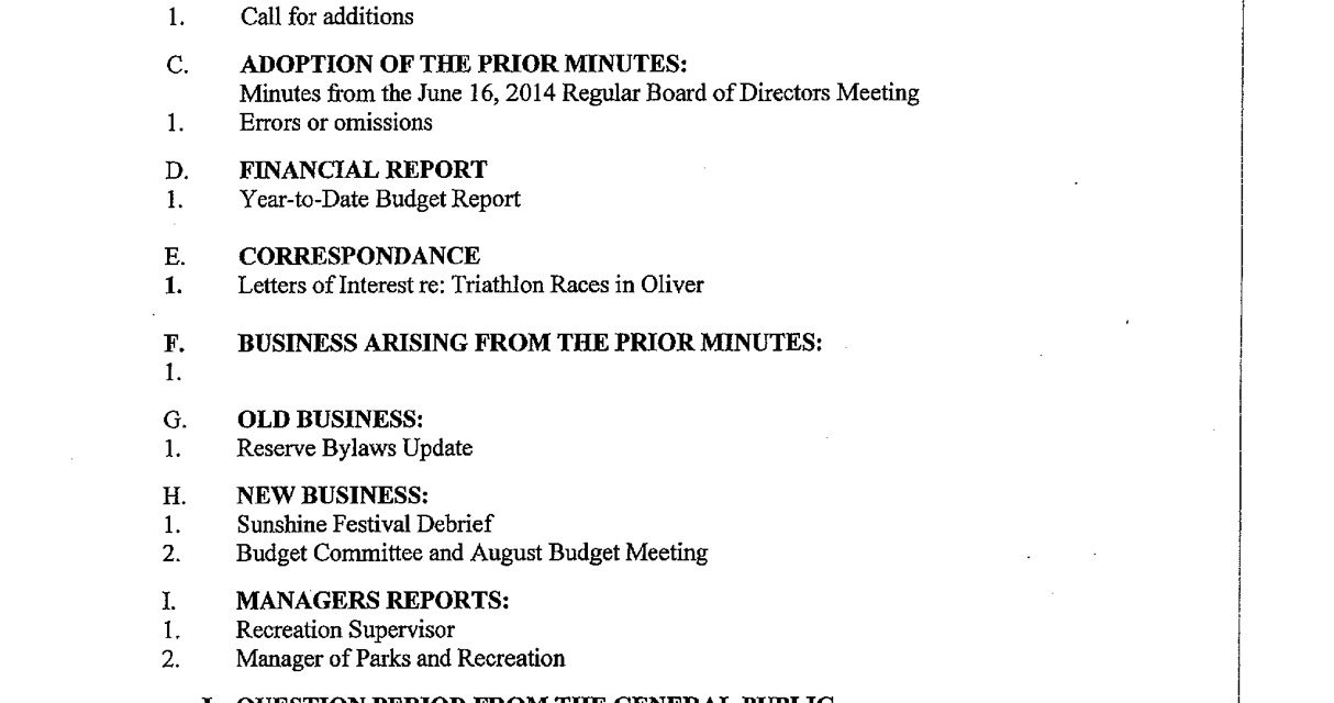 Oliver Parks and Recreation Society holds board meeting tonight
