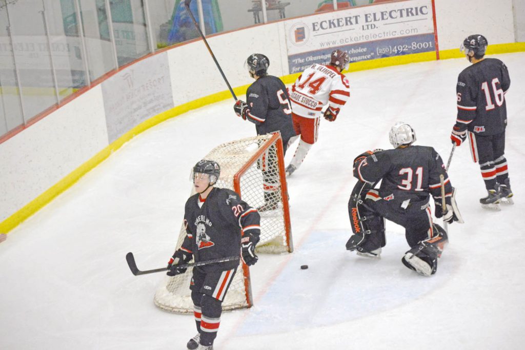 Rainer Glimpel of the Coyotes skates away after scoring against the Summerland Steam on Sunday at the Oliver Arena before a record crowd of 350 fans. The Coyotes were sent home with a 3-2 loss. (Lyonel Doherty photo)