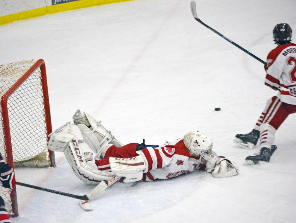 Coyotes netminder Brett Soles makes a spectacular save during Sunday’s game against the Summerland Steam in Oliver. (Lyonel Doherty photo)