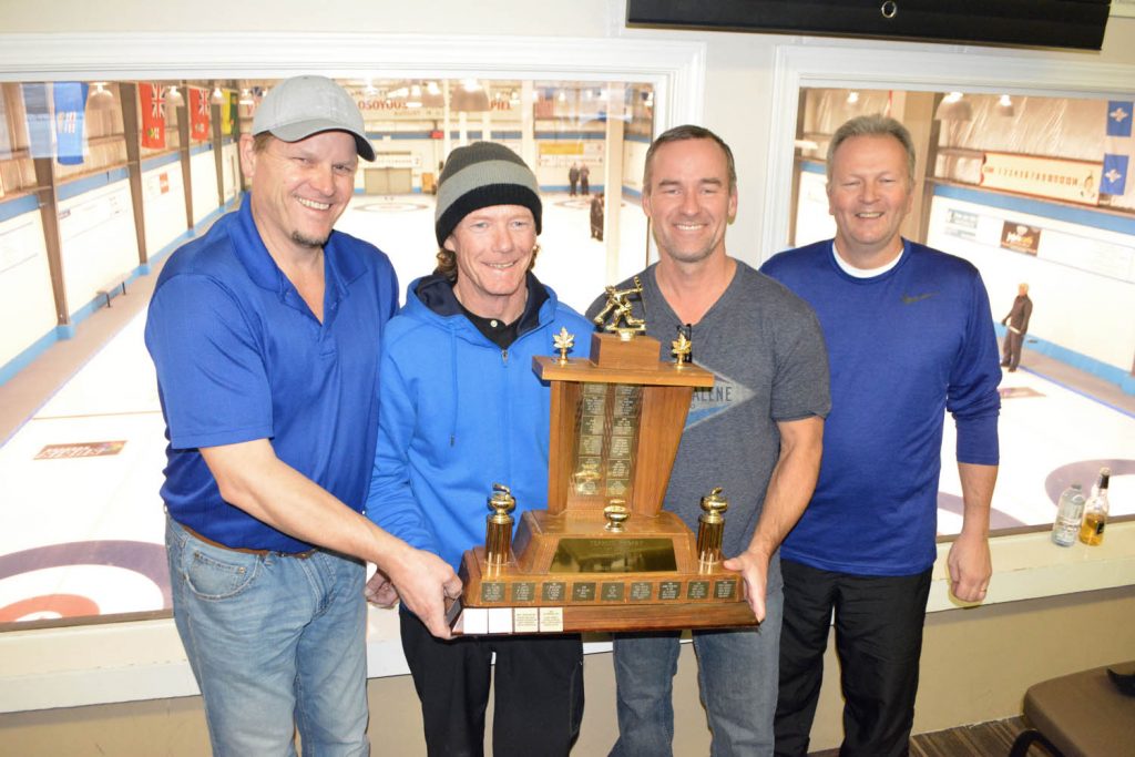 The curling team skipped by Jeff Duguid played exceptionally well this past weekend to capture the top spot in the 2017 Osoyoos Men’s Bonspiel. The local squad surprised themselves as they didn’t practice much and only play once a week on Tuesday evenings at Osoyoos International Curling Club. They defeated Chilliwack’s School Boys 6-4 Sunday afternoon to claim the men’s A final. Members of the winning team, from left, include second Dean Vincent, third Rob Tinsley, skip Jeff Duguid, and lead Dan Scott. (Dan Walton photo)