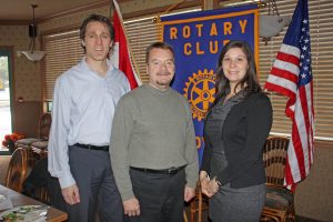 Aaron McRann, executive director of the Community Foundation for the South Okanagan-Similkameen, and regional development co-ordinator Sarah Trudeau, made a presentation to the Osoyoos Rotary Club during the organization’s weekly meeting last Thursday at the Best Western Inn Hotel. Club president Brian Rawlings posed with the pair after their presentation. Trudeau is hoping  a new committee in Osoyoos will be able to raise more money and assist more charities in 2014. (Keith Lacey photo)