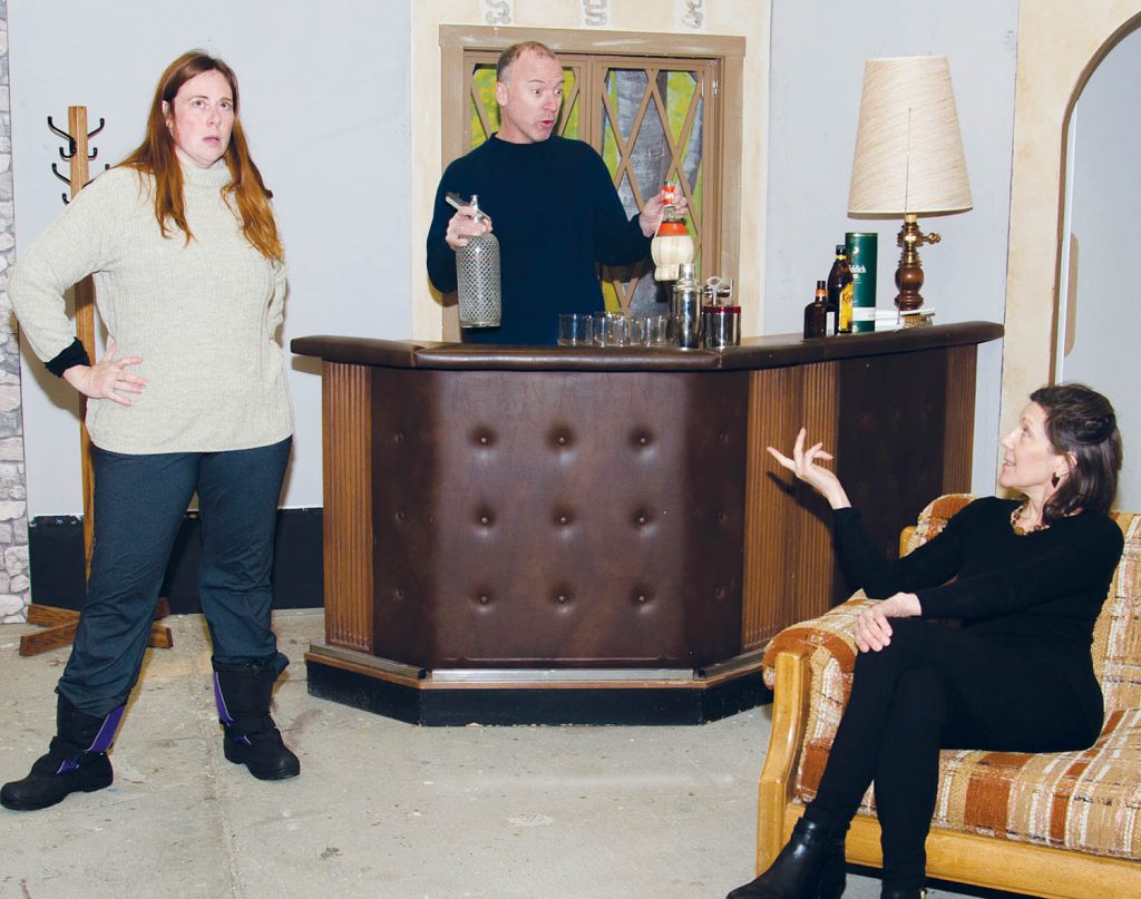 South Okanagan Amateur Players’ actors (from left) Jackie Brockholm, Trevor Leigh and Louise Szalay rehearse their roles in the latest production called Don’t Dress For Dinner, which is coming to the Osoyoos Community Theatre on Jan. 27-28 and Frank Venables Theatre in Oliver on Feb. 3-4. This production is a ‘saucy sequel’ to last year’s Boeing, Boeing. (Contributed photo)