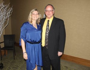 South Okanagan Chamber of Commerce past president Holly Plante introduced new president Myers Bennett, during annual general meeting held just before the Business Excellence Awards on Friday evening at the Watermark Beach Resort. (Keith Lacey photo)