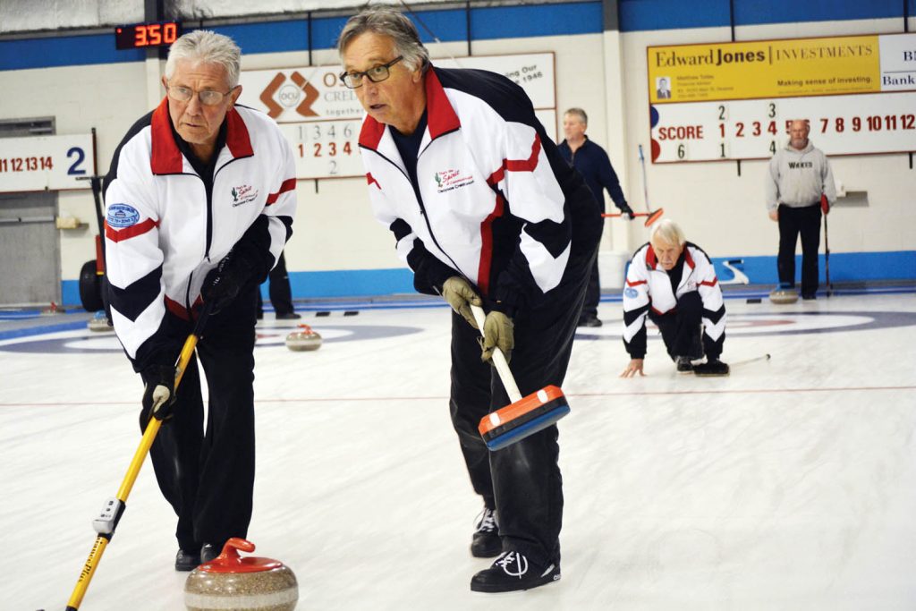 John Katerenchuk (front right), the organizer of next weekend’s Osoyoos Men’s Bonspiel, is inviting members of the community to watch the curling and attend Saturday’s dinner and dance at the Osoyoos International Curling Club. A total of 24 teams are expected to compete for cash prizes, which is a first for the local bonspiel. (File photo)