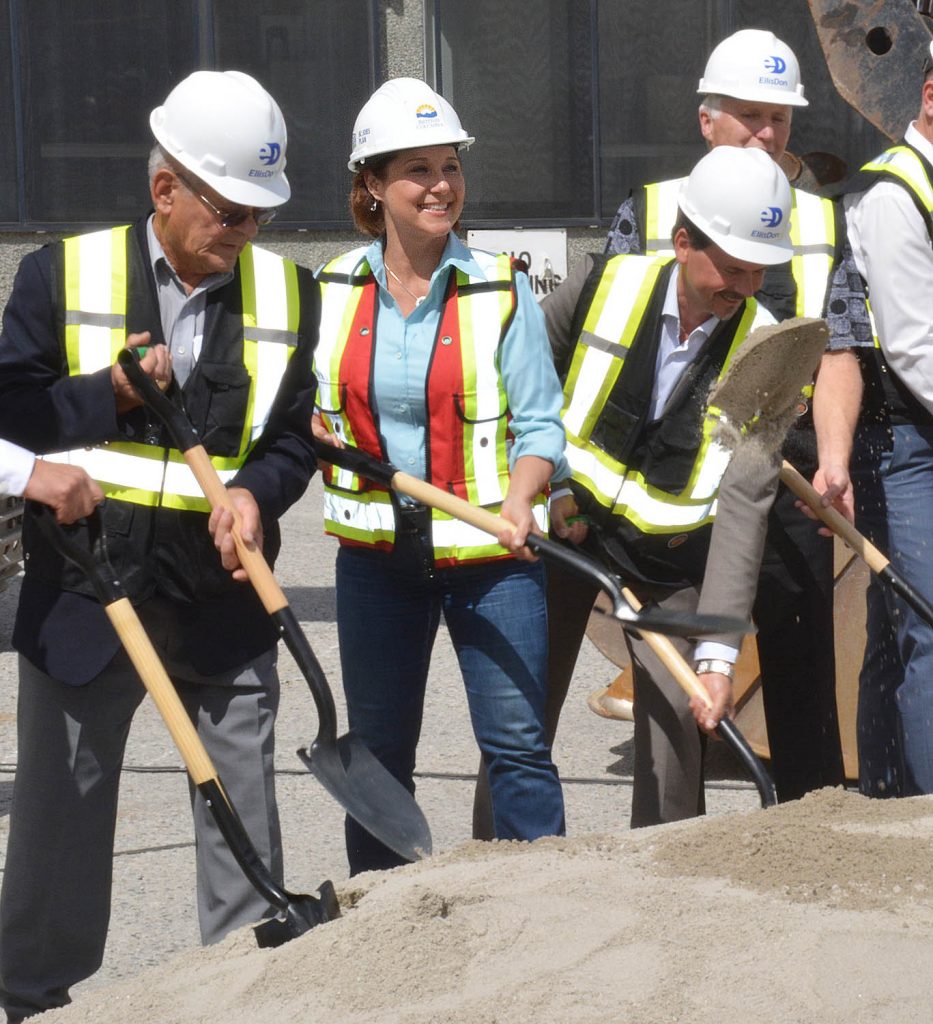 Premier Christy Clark lifts a shovel at the official sod-turning ceremony for the new patient care tower and parkade at Penticton Regional Hospital. (Photo supplied)
