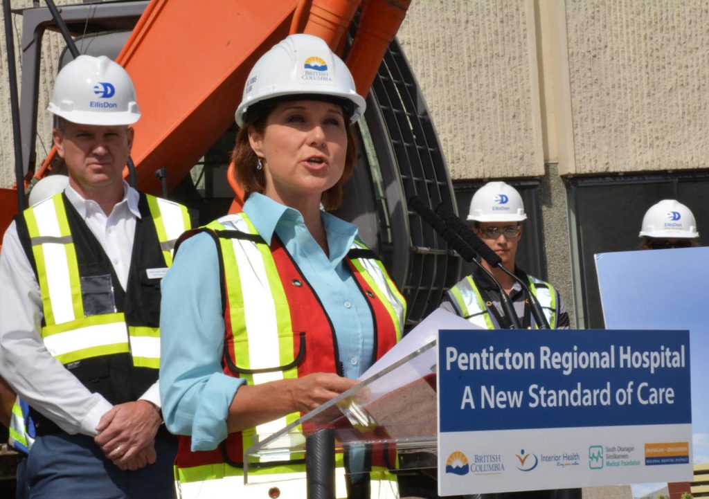 B.C. Premier Christy Clark was joined by several other dignitaries as the sod turning ceremony to officially get construction underway on the $312.5 million expansion of Penticton Regional Hospital took place Tuesday morning in Penticton. Michael Brydon, chair of the Okanagan Similkameen Regional Hospital District, is shown to Clark’s left. It’s expected to take more than three years to complete the hospital expansion. (Photo supplied)