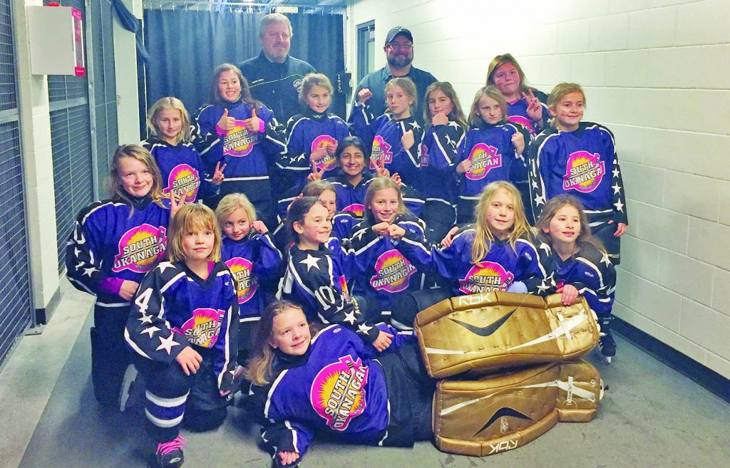 This is the photo of the South Okanagan Minor Hockey Association all-girls team from Oliver and Osoyoos that played a series of exhibition games a couple of seasons ago. The plan this year is to form one team called the Shooting Stars that will either play in the atom or peewee division and play a full regular season and tournament schedule. A large contingent of young girls are expected Thursday night at the Sun Bowl Arena for a practice and drills session. (Photo supplied)