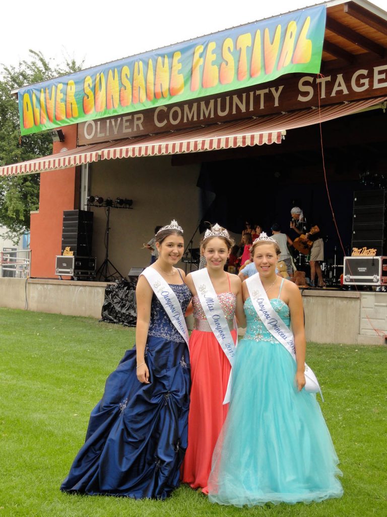The newly-crowned members of the Osoyoos Royalty have been kept very busy over the past several weeks travelling to numerous events and communities, including participating in the recent Oliver Sunshine Festival Parade. From left are, Princess Bailey Toepfer, Queen Emma Fernandes and Princess Tianna Morgan. (Photo supplied)