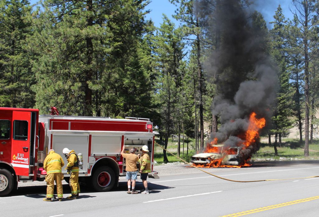 Anarchist Mountain Fire Department was called to the scene of a truck fire shortly before 2 p.m. on Sunday afternoon on Highway 3 east of Osoyoos.  Reader Martin Gedig was driving past with his daughter when he snapped this photo. (Martin Gedig photo)