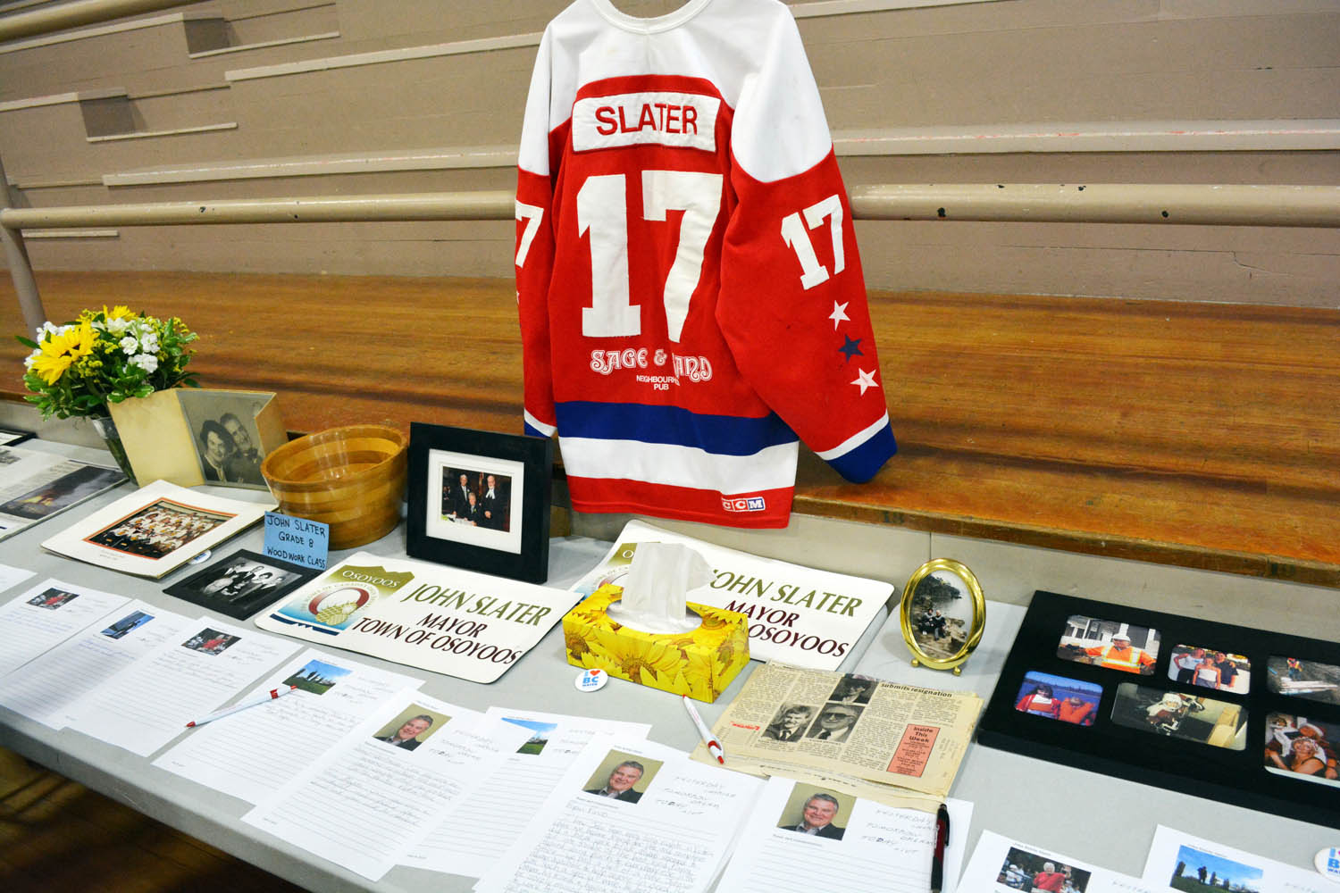 A collection of John Slater memorabilia was in display including his hockey jersey, documents from his political career and even childhood crafts projects. (Lyonel Doherty photo)