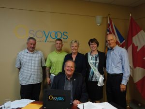 Photo supplied Former Osoyoos Royalty Queen Lauren Sherwood made a presentation to members of Town of Osoyoos council recently detailing her plans to win one of the three B.C. Ambassador positions being contested this summer. The final pageant is being held in Merritt in August and is open to all former Royalty and Ambassador contestants across the province. Posing with Sherwood (from left) are councillors C.J. Rhodes, Mike Plante, Mayor Stu Wells, Sue McKortoff and Michael Ryan.