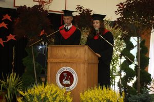 Photo by Keith Lacey Adam Crouch and Jenna Riznek were selected as the valedictorians for the Osoyoos Secondary School graduation ceremony this past Saturday. Crouch and Riznek gave an impassioned speech recalling the many great times they have spent with their 48 fellow graduates over the past four years and wishing all of them good luck in the future.