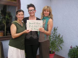 Photo supplied Desert Sun Counselling and Resource Centre was recently presented a cheque for $6,665.69 by Paula Rodriguez de la Vega (left) and Tiffany Beckedorf. Paula was the lead organizer and headed up a team of about 40 volunteers to present a series of events culminating in a sold out show of the Vagina Monologues at the Osoyoos Mini Theatre on April 6. She is stepping down and has passed on the reins to Tiffany, who will lead events for the next year. Desert Sun executive director, Roxie Van Aller (right), was thankful for the generous donation. For more information call Desert Sun at 250-498-2538.