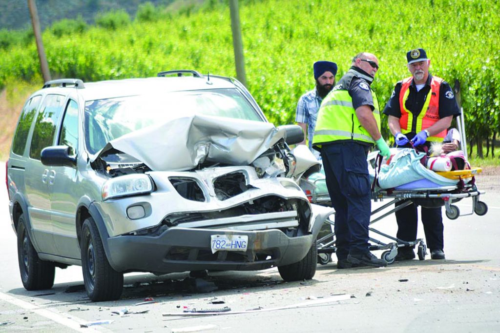 A three-vehicle motor vehicle accident on Hwy. 97 near Road 5 near the Town of Oliver sent two people to hospital Thursday afternoon. (Lyonel Doherty Photo).