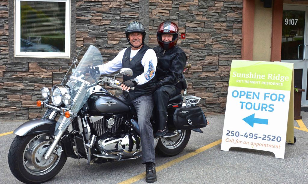 Katherine West just turned 88 years of age and she received the best birthday present ever when her son Tim West took her on an extended motorcycle ride around the South Okanagan. Tim says his mother used to be an avid rider until the recent death of her husband so she was thrilled to get back on a bike and go for a nice long ride. West’s mother is a resident at the Sunshine Ridge Retirement Residence. (Photo supplied)