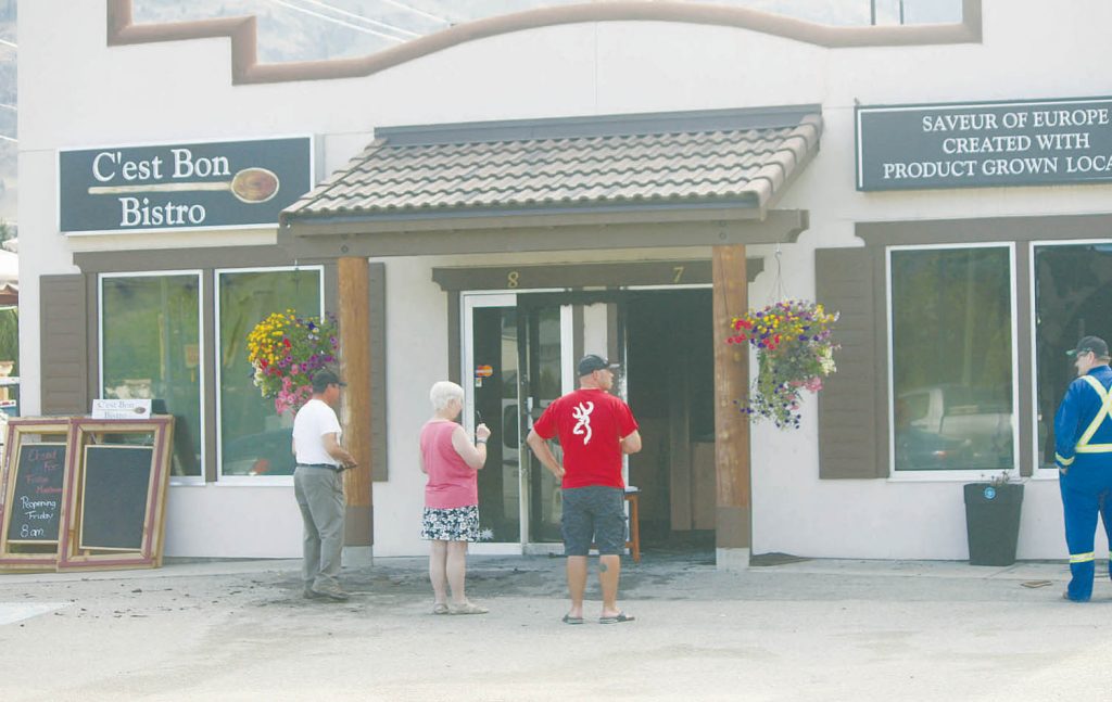 Volunteer crews from the Osoyoos Fire Department were called to the scene of a fire early last Thursday morning that gutted the interior of the new C’est Bon Bistro, located in the Cottonwood Plaza in the same building that was home to Ella’s Greek Restaurant for many years. No foul play is suspected in the blaze, which was put out quickly by firefighters, but not before causing serious damage to the interior of the restaurant. (Keith Lacey photo)