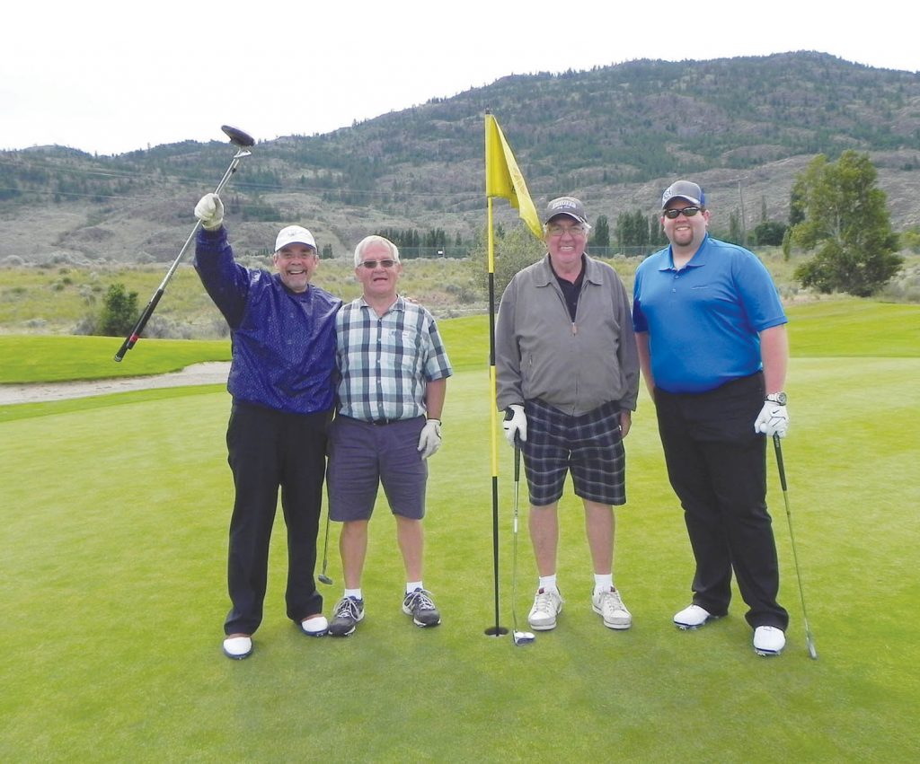 The Osoyoos Rotary Club held its annual fundraising golf tournament this past Saturday and the event helped raised significant dollars that will be poured back into the community to assist many worthy causes. A total of 88 golfers participated in the tournament and there were 120 people in attendance for dinner. One of the 22 foursomes having a blast were (from left) Blaine Krist, Nick Postinikoff, Ron Leigh and Ryan Postinikoff. (Photo supplied)